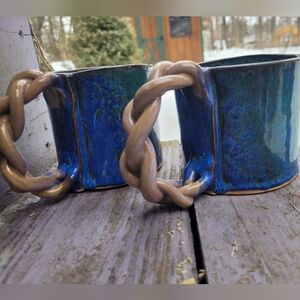 Handcrafted Ceramic Mug Set Braided Handle Cottagecore Pottery Blue Green Cozy